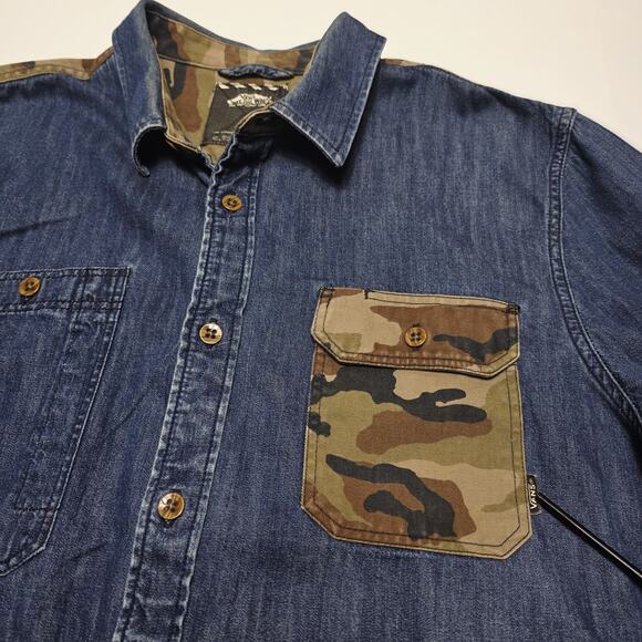 Vans Off The Wall Denim Camo Shirt Men’s Large Pocket Button Streetwear Skate - Picture 4 of 6